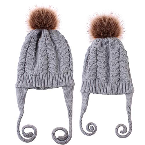 oenbopo 2pcs/lot Mother & Kid Matching Winter Knit Earflap Hat Parent-Child Winter Crochet Cap (Gray)