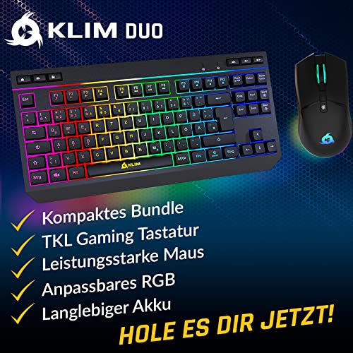 KLIM Duo - NEU 2022 Tastatur Maus Set Kabellos - Kompakt, Robust, Ergonomisch - Hintergrundbeleuchtete TKL Tastatur Kabellos + RGB Funk Maus und Tastatur Wireless + Langlebiger eingebauter Akku - Image 3