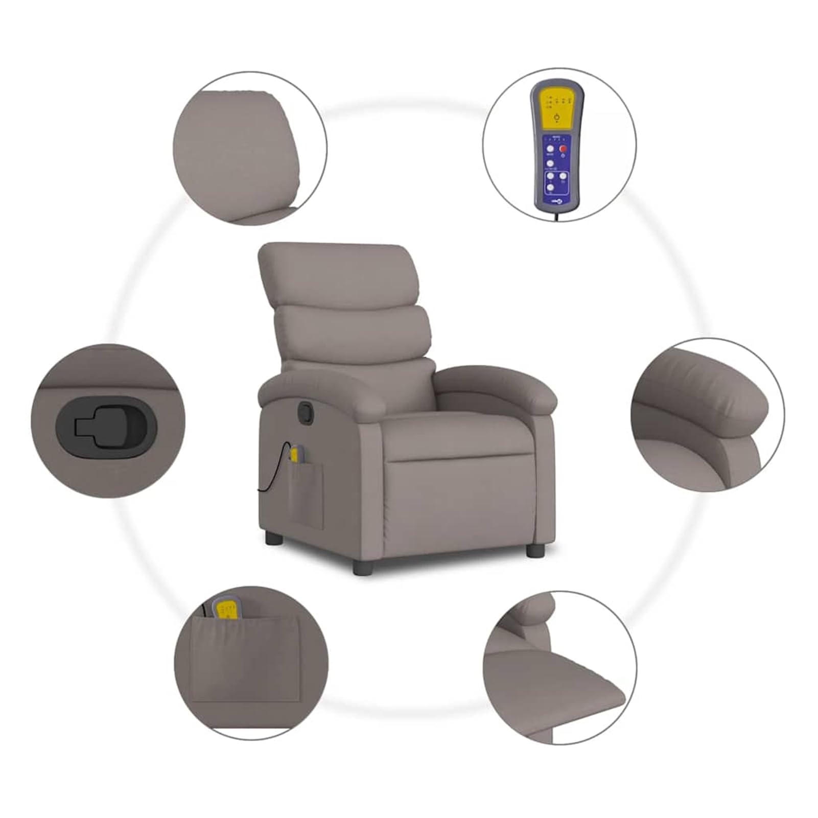 Fotel do masażu z funkcją masażu, kolor taupe – ergonomiczny fotel relaksacyjny, obicie z materiału, pozycja siedząca 70 x 92 x 99,5 cm/pozycja leżenia 70 x 147 x 80 cm, dla dorosłych