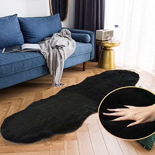 Black Shag Washable Fluffy Fur Area Rugs for Bedroom Living Room Faux Rabbit Fur Nursery Rug 2x6 Cute Shaped Rug Room Décor