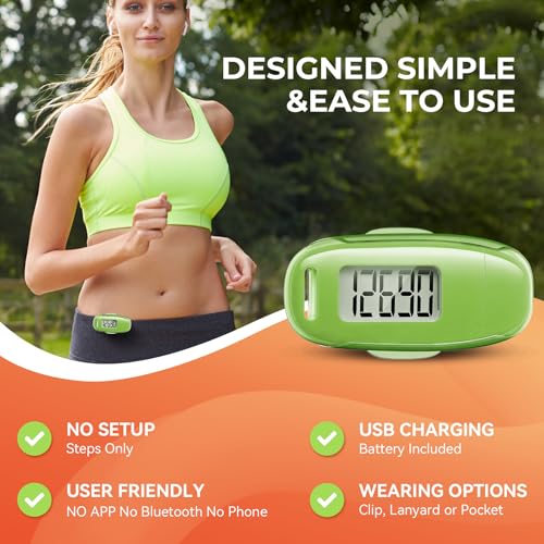 Image of 3D Pedometer for Walking, Simple Walking Step Counter with Removable Clip and Strap, USB Rechargeable Step Tracker with Backlight, Accurate Step Counter for Men Women Seniors - Green