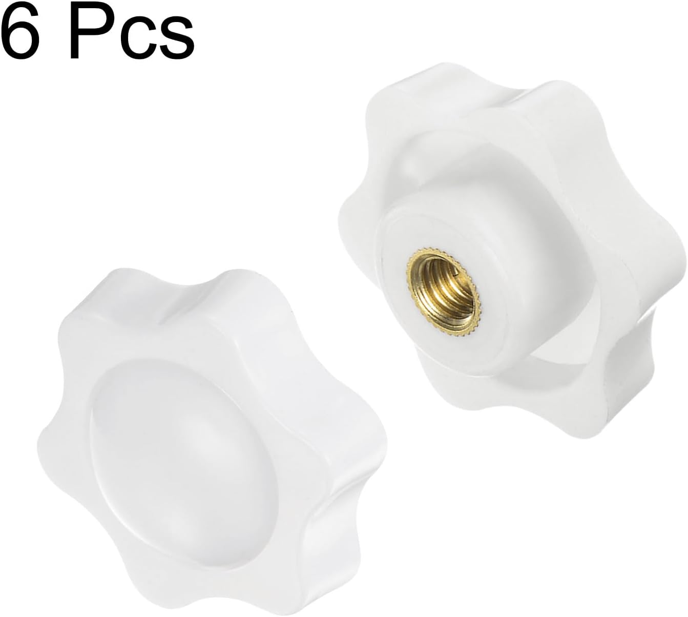 HARFINGTON 6pcs Star Knobs M6 Female Thread 38mm 6-Point Plastic Head Brass Insert Non-Through Hole Screw-in Threaded Hand Knob Clamping Handle, White