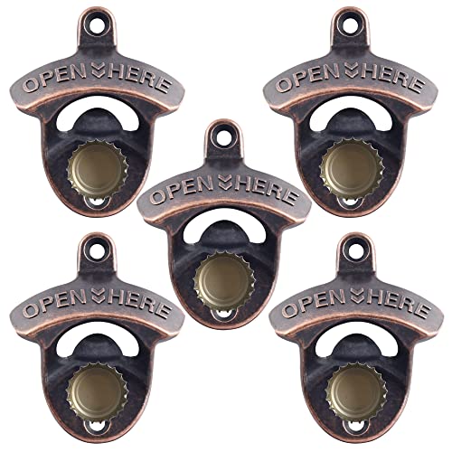 HAIICEN 5 Packs Stainless Wall Mounted Magnetic Beer Bottle Opener with Magnetic Cap Catcher Built-in Rustic for Beer Lovers (Antique Copper)