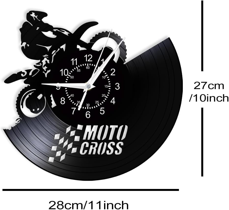 12 Inch Motocross Racing Wall Clock, Off-Road Motorcycle Extreme Sports Wall Clock Vinyl Record Wall Watch Clock Silent Non Ticking Battery Operated for Man Cave Boys Bedroom Game Room