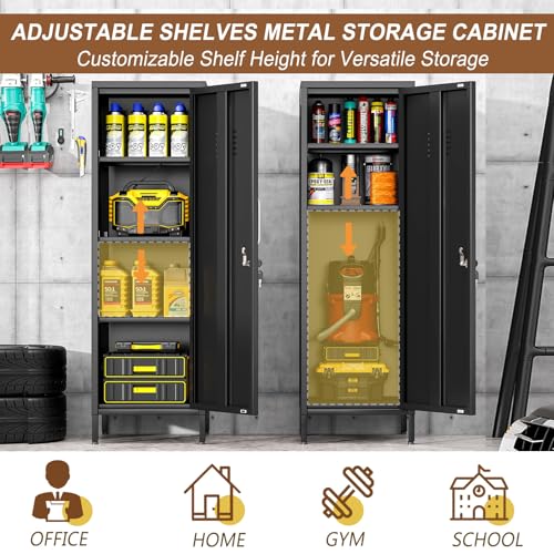 Image of pozdeg 47.24 inch Black Lockable Small Metal Storage Locker | Employees Locker 1 Door & 3 Adjustable Shelves, Steel Cabinet for Employees, Home, School, Office & Gym