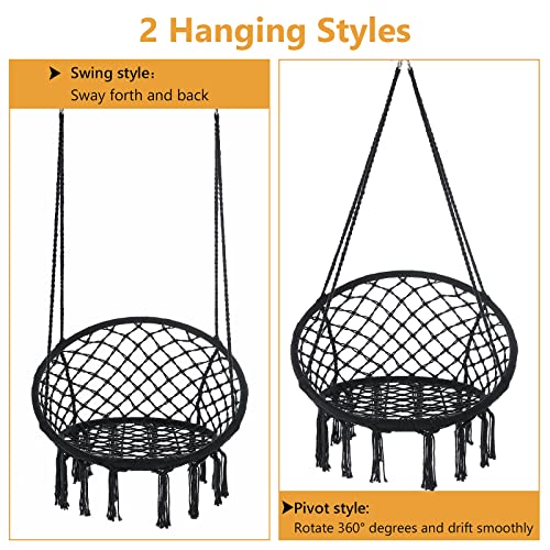 Image of Garpans Macrame Hammock Set of 2 - Bohemian Style Hammock Swing Chairs with Tassels - Handmade Knitted Cotton Rope - Indoor /Outdoor - Max 330 Lbs - Black