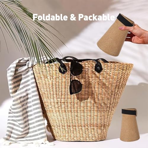 Image of Straw Hat Sun Hats for Women,Wide Brim Cap Beach Hat for Women Stylish UV Protection Cap,Summer Packable Travel Sun Visor Hat - UPF 50+ Khaki