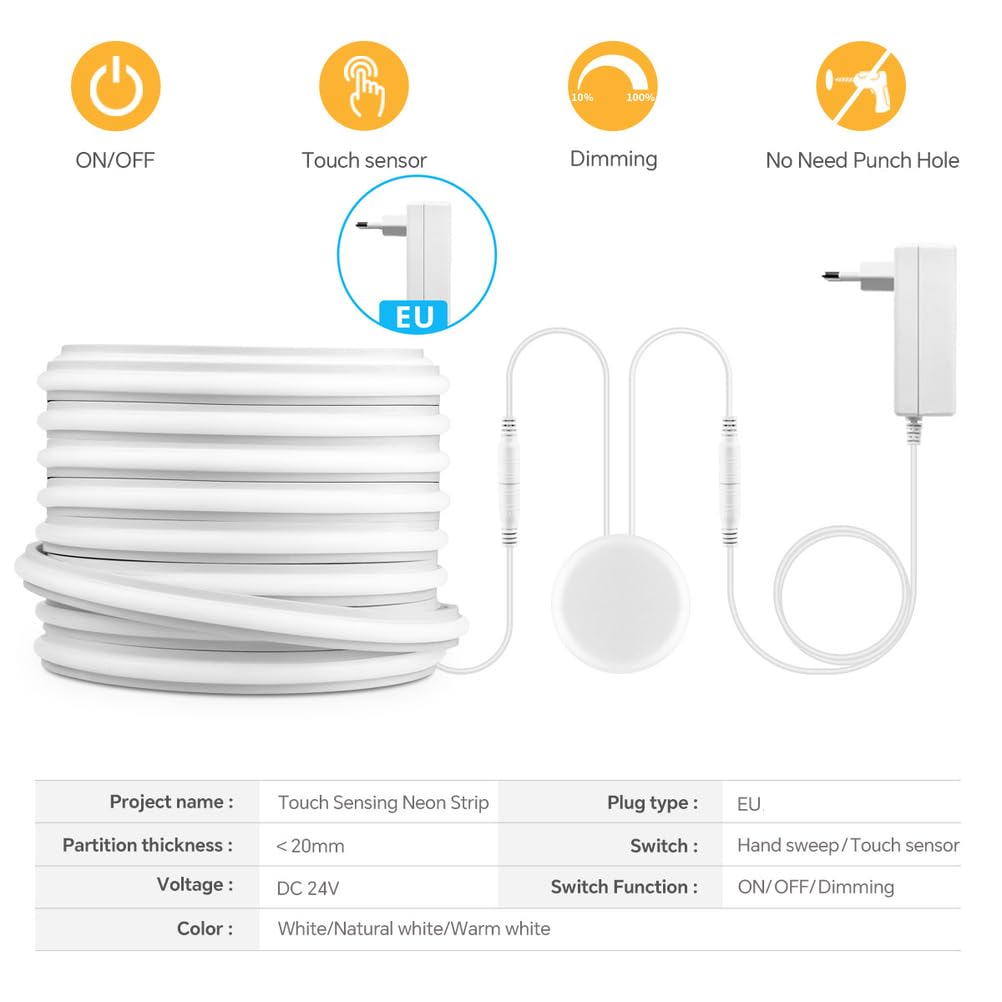 Bande LED 5m 24V 280 LED/m avec fiche Bande LED avec variateur tactile et à balayage de la main Auto-adhésive 3000K blanc chaud Panneaux acoustiques Éclairage LED IP65 étanche pour armoires,4500k,5M