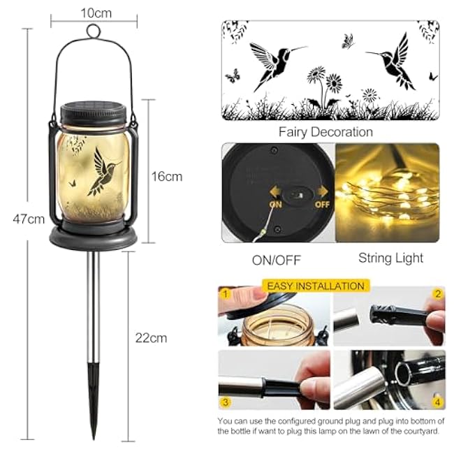YJFWAL Hummingbird Solar Lanterns Outdoor Waterproof -Birthday, Mothers Day Gifts for Women Mom Grandma, Mason Jar Garden Lights for Patio, Yard, Porch, Balcony, Durable Garden Decor