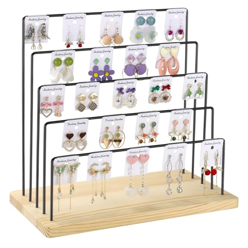 RNTBWD Earring Display Stand for Selling, 5 Tier Earring Rack Tower Holder, Jewelry Display Stand With Earring Cards (Black)
