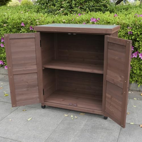 OAFNLWU Outdoor Gartenschrank aus Holz, 80 x 45 x 93 cm, Grau, Wasserfest, Höhenverstellbare Füße, 2 Türen, 2 Einlegeböden (Kaffee)