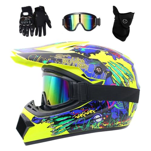 Jeunesse Enfants MTB Casque de Motocross Ensemble, avec Gants Lunettes Masque, Unisexe Intégral VTT Hors Route Rue Moto Casques, Descente Enduro Quad Vélo de Terre Accident Casque(Yellow,M/54-55CM)