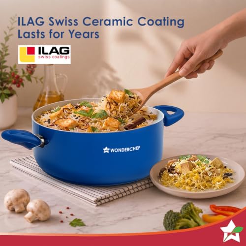 Image of Wonderchef Natura Ceramic Casserole & Glass Lid for Cooking, 24cm, 4.5L, Non-Toxic Chemical-Free Coating, PFOA /PFAS-Free, Scratch-Resistant, Gas & Induction Compatible, 2-Yr Warranty, Teal Blue