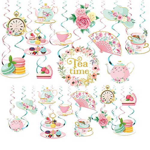 Image of Faccito 53 Pcs Tea Party Decorations Birthday Supplies - Floral Tea Party Birthday Decor Hanging Paper Swirls with Teacup Partea Time Ceiling Decoration for Spring Women Adults Bridal Wedding Favors