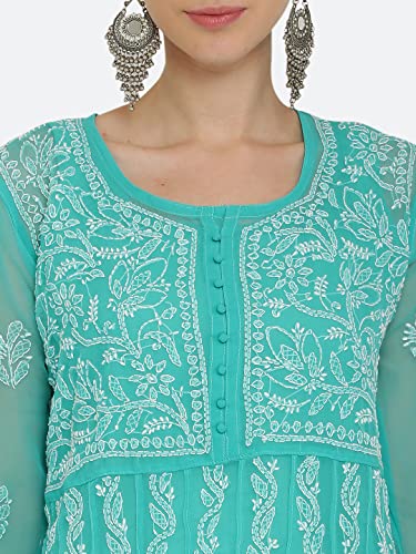 Image of FAWOMENT Women's Georgette Yok Anarkali Kurta with Intricate Lucknowi Chikankari Fine Hand Crafted Embroidery