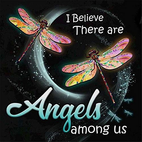 Cuadro de lienzo con diseño con texto en inglés "I Believe There Are Angels Among Us - Pintura con diamantes para adultos, 30 x 30 cm