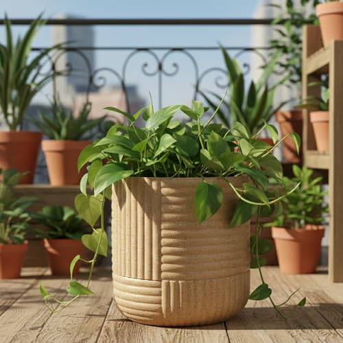 Image of Bonkaso 15 Inch Ribbed Planter Pot for Indoor & Outdoor Use | Round Heavy Duty Polymer Flower Pot | Lightweight Weather Resistant Modern Gamla for Living Room Balcony & Terrace (Beige)