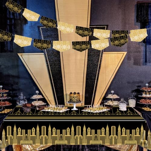 Image of 3pcs Roaring 1920's Party Decorations Great 20's Plastic Tablecover Table Cloth for Black and Gold Birthday Music Party for Hollywood 1920s Birthday Speakeasy Retro Flapper Wedding Party Supplies