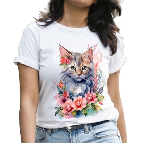 Image of Cotton Half Sleeve White Tshirt for Women, Round Neck, Flower Cat