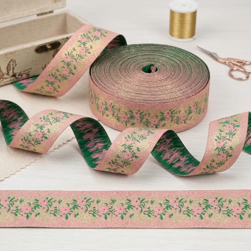 IDONGCAI Floral Jacquard Ribbon Trim – 5 Yards Pink Embroidered Lace Ribbon for Wedding Decor, DIY Crafting, Gift Wrapping, Sewing, Fashion Accessories & Home Decorations