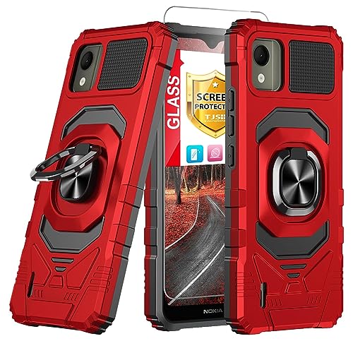 TJS Compatible for Nokia C110 N156DL Case, with Tempered Glass Screen Protector, Metal Ring Magnetic Support Kickstand Heavy Duty Drop Protection Cover Phone Case (Red)