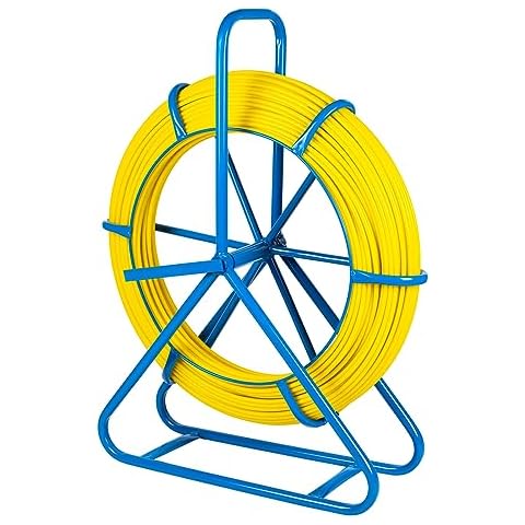 SOKO Fish Tape Fiberglass Duct Rodder Fish tape Wire Puller, 6MM(1/4 inch) 426FT Fiberglass Wire Cable Running Rod with Cage and Wheel Stand, Fishing Tools for Walls Electrical Conduit, Non-Conductive Cover