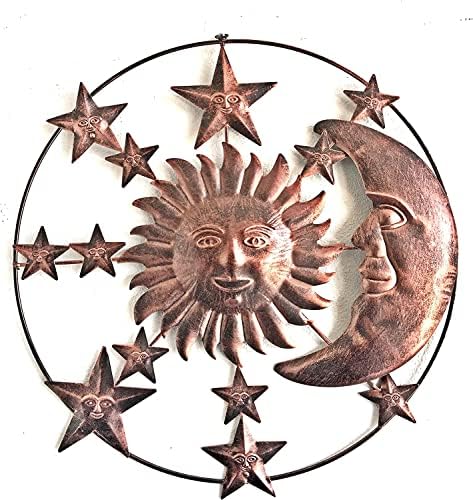 Bellaa 20056 Metal Wall Art Sun Moon Stars Celestial Modern Contemporary Indoor Living Room Outdoor Garden Patio 3D Sculptures Plaque Home Decor Rustic Distressed Iron 20 inch