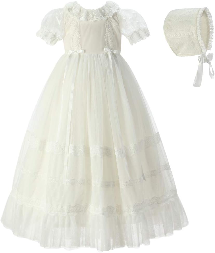 Baby Newborn Delicate Lace Baptism Embroidered Christening Gown with Bonnet for 0-12 Months