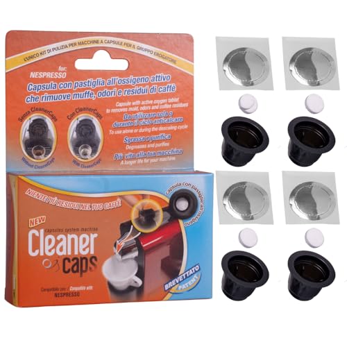 CleanerCaps Pulizia Macchina Caffè - Compatibile con Nespresso - 4 Capsule Detergenti - Pulizia Beccuccio di Uscita Caffè - Pulizia Interna Igienizzante e non Corrosiva, Facile e Automatica