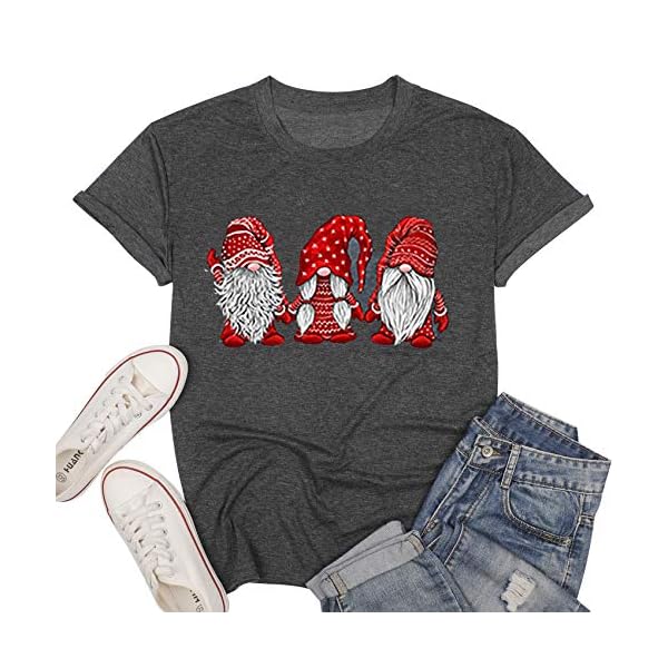 Christmas Gnome T Shirt Women Funny Graphic T-Shirt Gnomes Tee Short Sleeve Tops Holiday Clothes Red Grey