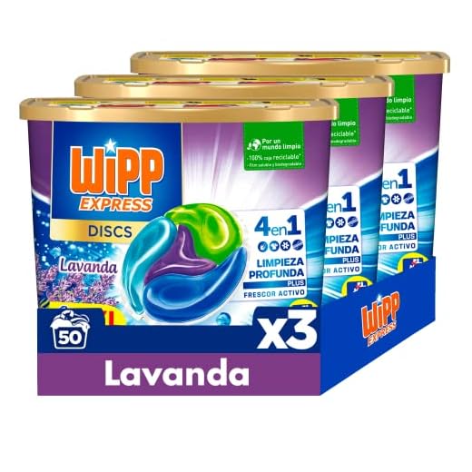 Wipp Express DISCS 4 en 1 Lavanda, Limpieza Profunda Plus, Detergente en Cápsulas para Lavadora, 50 Discos - Pack de 3, Total: 150 Dosis
