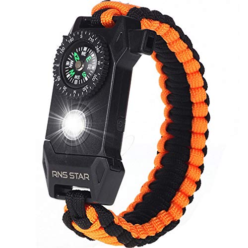 Paracord Survival Bracelet 6-IN-1 - Hiking Gear Traveling Camping Gear Kit - 70% BIGGER Compass LED SOS Emergency Function Flashlight,Fire Scrapper,Flint Fire Starter,Survival Knife (Black_Orange)