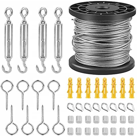 Swawis Wire Rope Set, 50 m Stainless Steel Cable with Eyelets, Screw Rope Tensioner, 304 Stainless Steel Rope, Stainless Steel Wire Rope, 2 mm Rope Tensioning Set for Railings, Decks, Outdoor Lights Cover