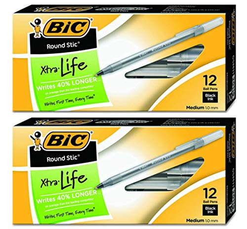 BIC Round Stic Xtra Life Ballpoint Pen, Medium Point (1.0mm), Black, 12-Count - 2-Pack
