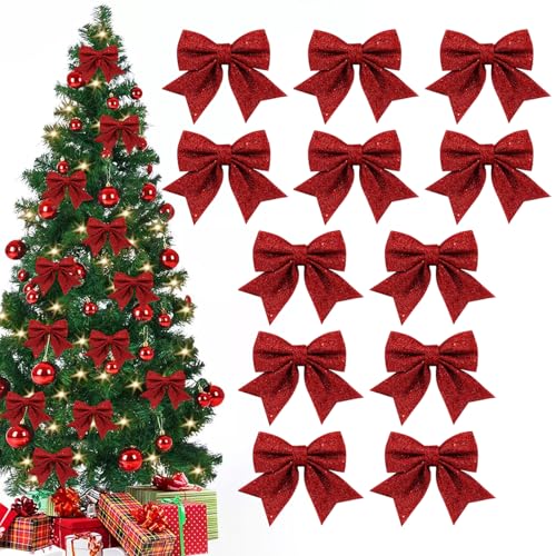 Weihnachtsbaum Deko, 12 Stück Rote Schleifen Weihnachten, Schleifen Weihnachtsbaumschmuck, Weihnachtsschleifen für Christbaumschmuck Weihnachtsdeko Weihnachten Adventskranz Deko (Rot) (Rot)