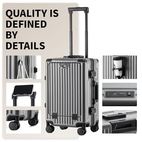 20 Inch Zipperless Carry On Luggage 22x14x9 Airline Approved With Spinner Wheels,Aluminium Frame Hard Shell Travel Suitcase with TSA Approved Cup Holder USB Port Holder for Women Men,Grey2