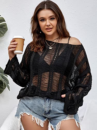 Floerns Women's Plus Size Crochet Sweater Cover Up Top Hollow Out Long Sleeve Asymmetrical Neck Mesh Shirt Pullover Top4