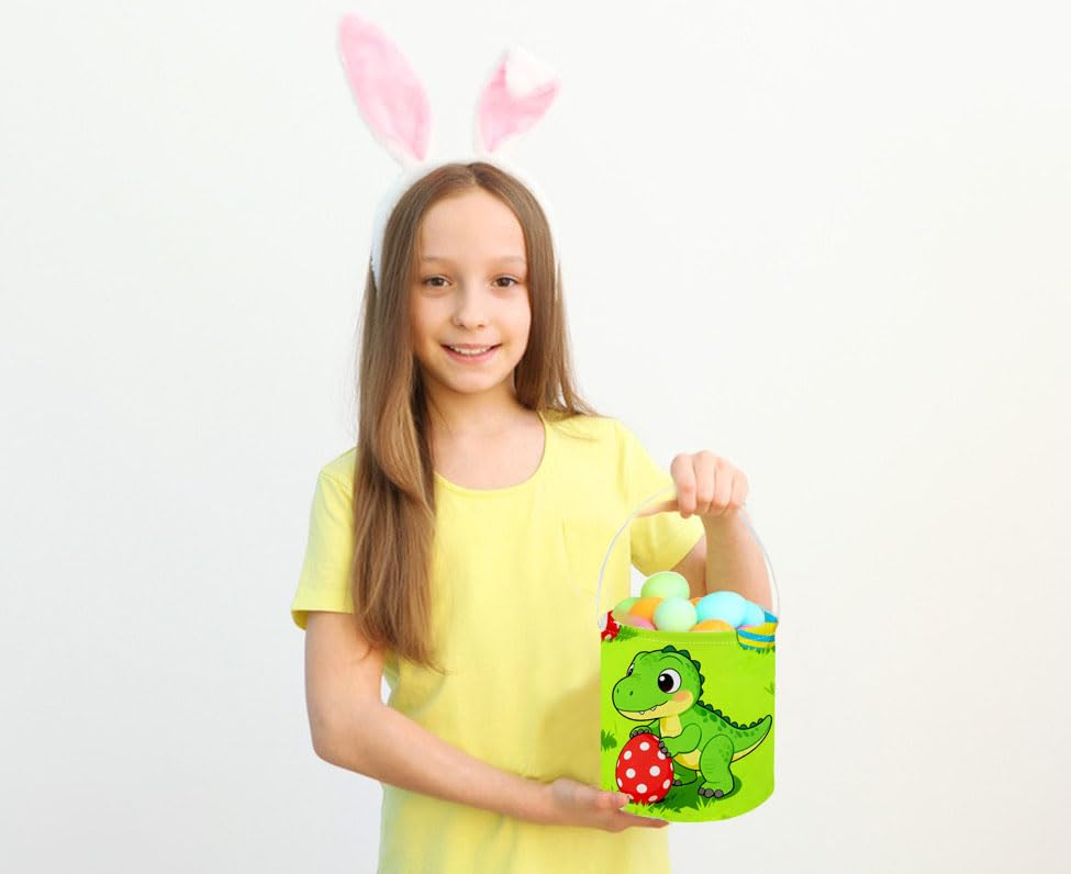 Image of Dinosaur Baskets, Kids Easter Dinosaurs Storage Bins.Easter Basket Empty with Handles.Dinosaurs Eggs Decor,Books, (Green Dinosaur)