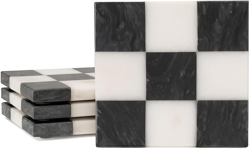 Checkered Marble Coasters – Set of 4 Aesthetic Black and White Stone Drink Coasters for Table, Kitchen Accessories, Checkered Home Decor and Modern Decor for Home