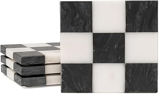 Checkered Marble Coasters – Set of 4 Aesthetic Black and White Stone Dri...