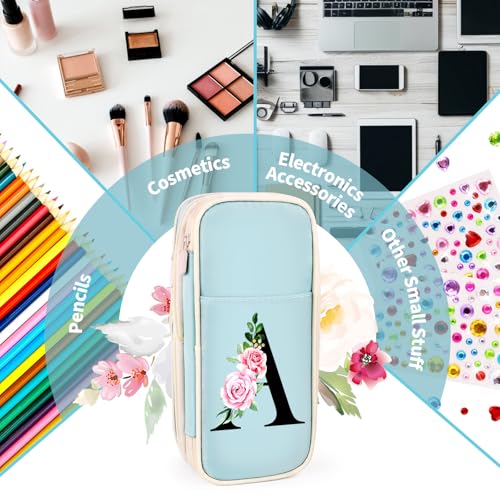 Image of Preppy Pencil Case for Girls, Cute Large Pencil Pouch, Personalized Initial Pencil Bag with Zipper for School College Office Supplies, Back to School Supplies Gifts for Teen Girls (N, Blue)