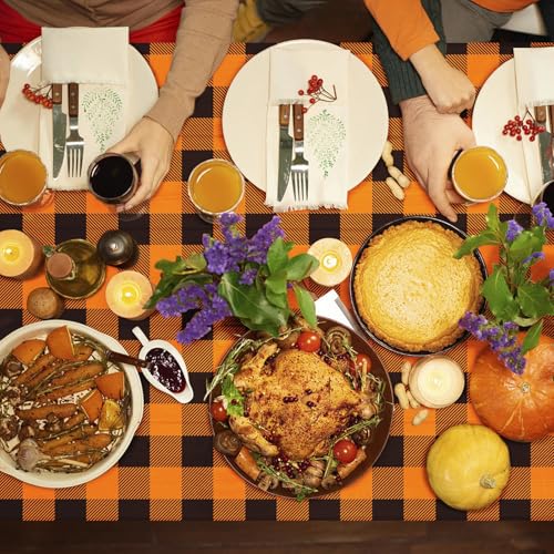 Image of Gistome 3-Piece 54 x 108 Inch Orange and Black Checkered Plastic Tablecloth - Disposable Rectangle Table Cover for Dining, Birthday, Halloween, Thanksgiving, Autumn Fall Themed Decorations
