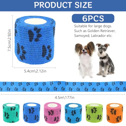 Image of Qpets 6Pcs Dog Bandages for Walk, Self-Adhesive Pet Bandage with Paw Print | 7.5x5.4cm, Waterproof Non-Woven Cat Dog Injury Recovery Wrap Lick-Proof & Breathable