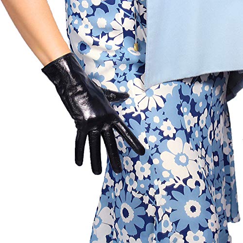 DooWay Women's Winter Warm Leather Gloves Genuine Imported Goatskin Leather Black Shiny Driving Gloves