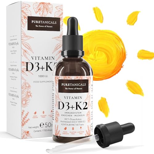 Puretanicals Vitamina D3+K2 Gotas (50 ml) - 1000 UI por gota, dosis alta probadas en laboratorio – Larga duración 1700 gotas - En aceite MCT de coco, líquido de colecalciferol, sin aditivos