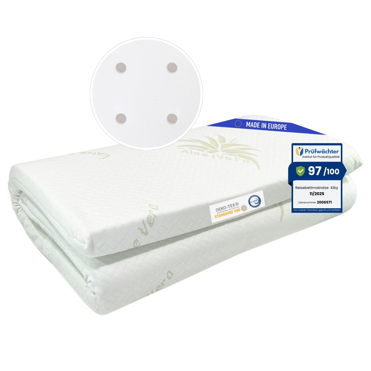 Kiby® Reisebettmatratze 120x60cm | Höhe 4 cm | (Oeko-TEX® & Certipur™ Zertifiziert) aus Aloe Vera, aufrollbar