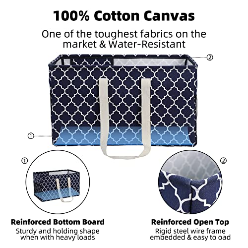 Llarug Canvas Collapsible Utility Tote Bag,Oversized Beach Bag,Reusable Grocery Shopping Bag,Large Laundry Carry Bag,Laundry Basket (Blue Lattice) #TOP2