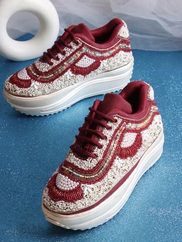 Image of LENSBURY Women Hand Embroidery Wedding Party Bridal Floral High Heel Sneakers I Cushioned Insole I Comfortable Wear Wedge Shoes I for Ladies and Girls LBCNV4037