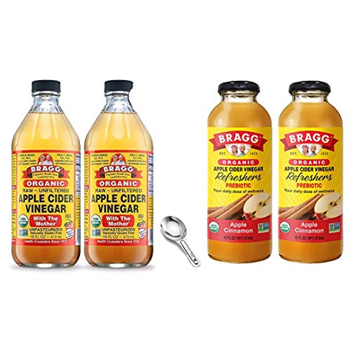 Bragg Organic Apple Cider Vinegar With the Mother 16 Oz Pack of 2 w/ Measuring Spoon and Bragg Organic Apple Cinnamon Vinegar Drink 16 Oz Pack of 2 Bundle