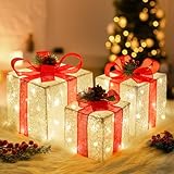 Set of 3 Christmas Lighted Gift Boxes, Pre-lit 60LED Light Up Present Boxes Ornament Outdoor, White Lace Boxes with Red Bows, Battery Operated Christmas Decorations for Indoor Home, Party, Lawn Decor